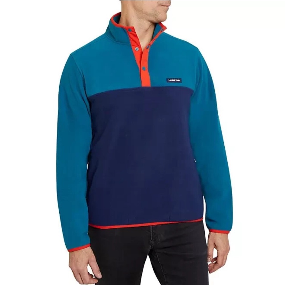 Lands' End Fleece Pullover Top Shirt Soft Stretch Teal Navy Orange Men's Size L